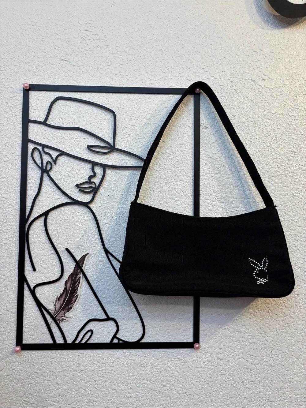 Vintage Y2K Playboy Black Hand Bag with Crystal Bunny Accent. - Picture 6 of 17